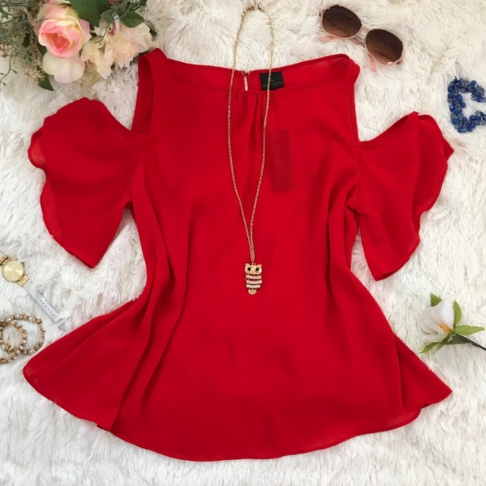 Worthington Women Cold Shoulder Red Blouse